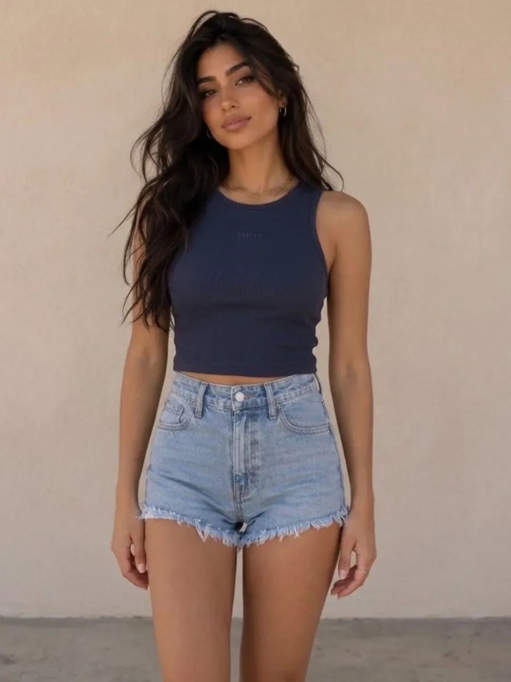 NWT WILO The Label Size Small Logo Ribbed Cropped Tank Top | Navy Blue